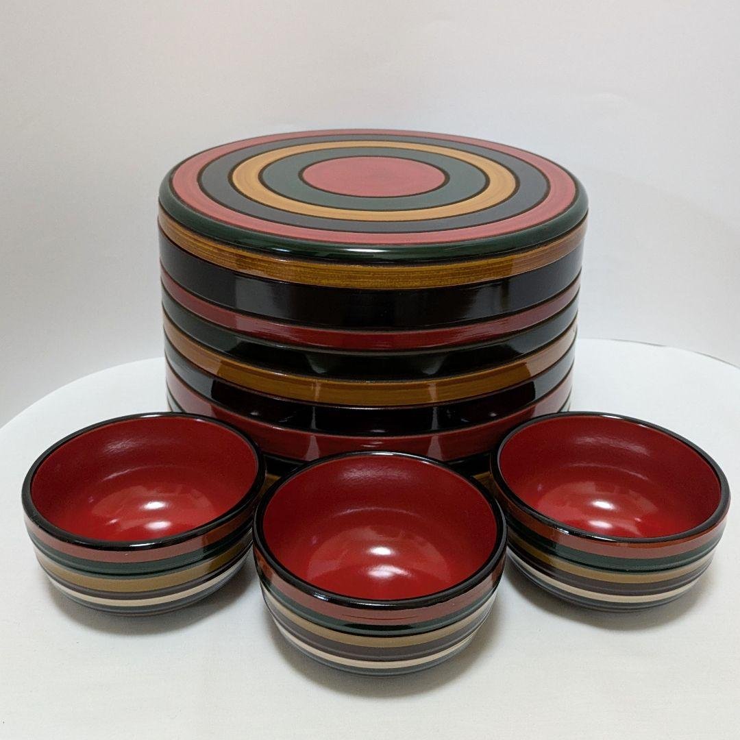 コマ二段丸重とコマ小器11碗 香川漆器　独楽塗