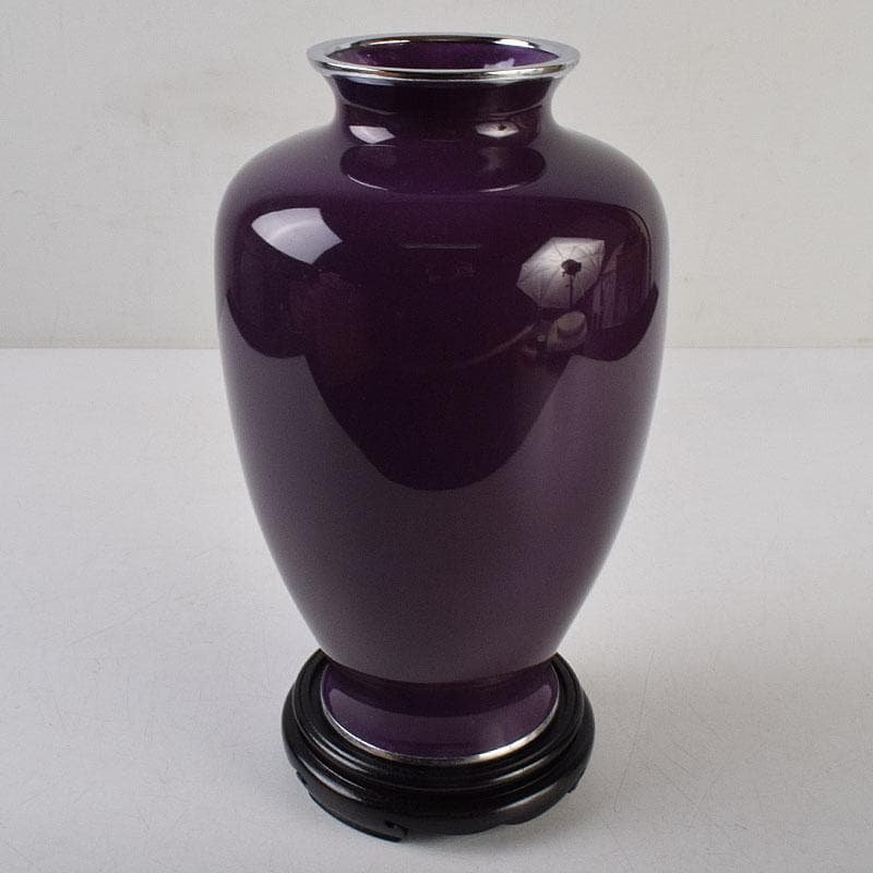 七宝焼　紫地梅文　花瓶　唐木台付　共箱　V　R9100