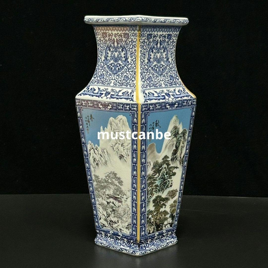 青花粉彩四季四方瓶 景徳鎮 陶磁器 応接間 博古架 装飾品 現代工芸品 置物