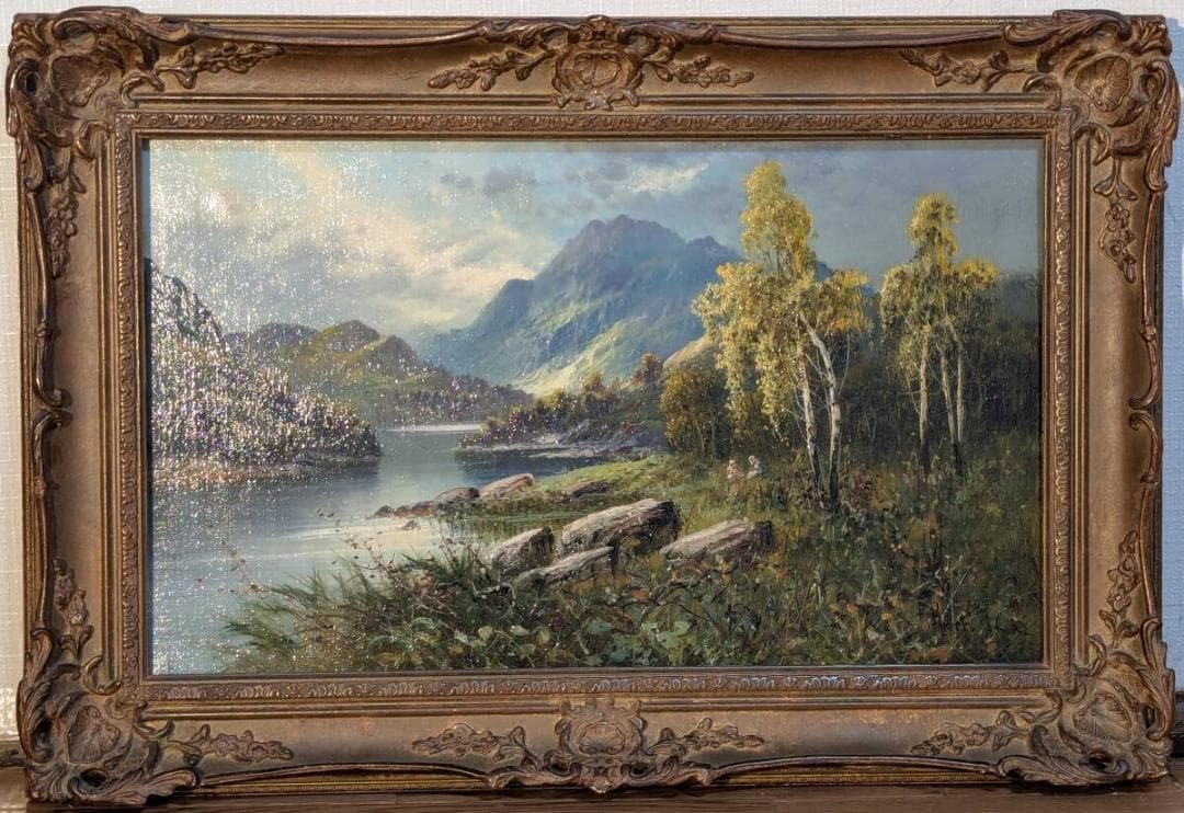 【真作】絵画　油彩　白樺と湖畔の静寂　クラシカル油絵　山光映える渓谷　Y14