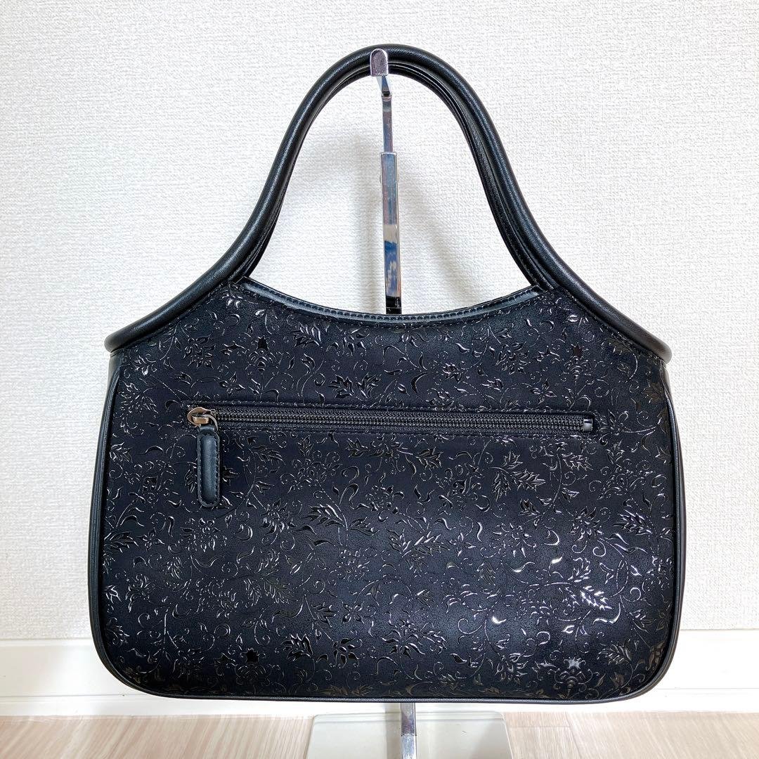 印傳屋 ハンドバッグ 黒漆 レザー 鹿革 花唐草 模様 和装 着物 甲州印伝