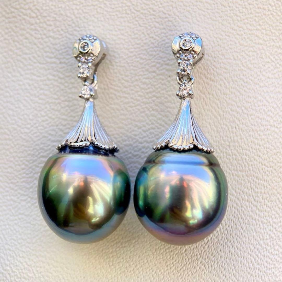 本真珠南洋黒蝶真珠グリーン虹色13.5×11.5㍉ピアスBL913